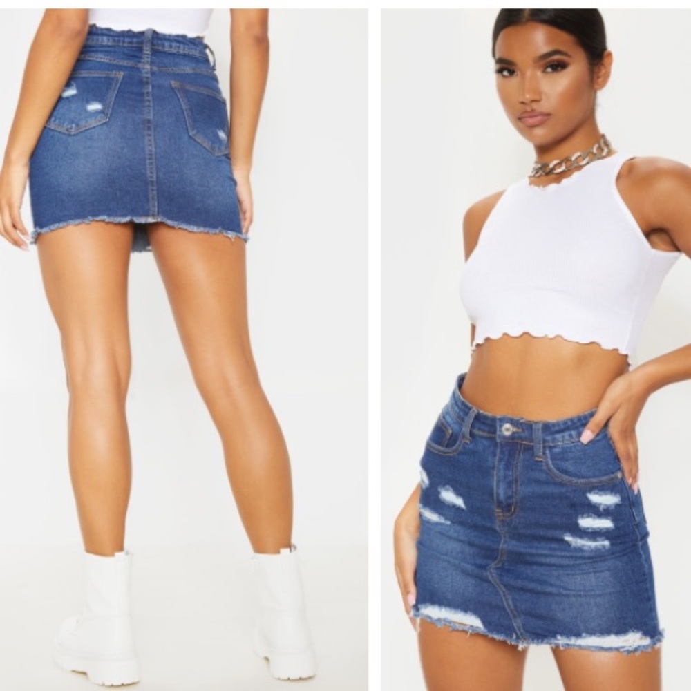 Dark Wash Distressed Rip Denim Mini Skirt